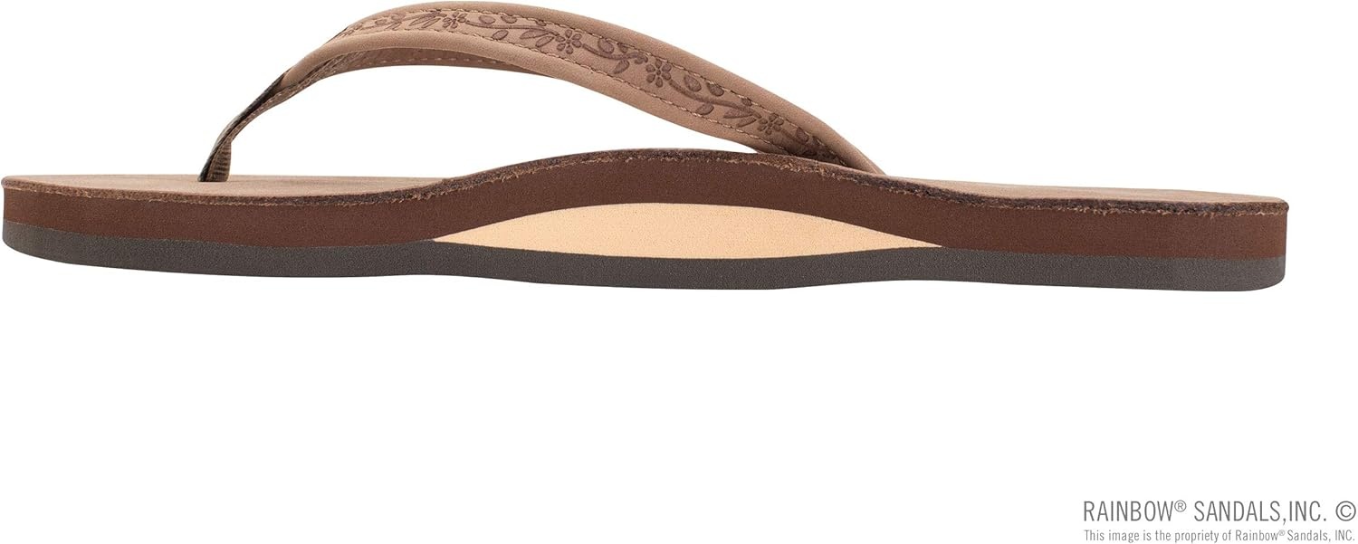 Rainbow Sandals Ladies Las Flores – Single Layer Premier Leather with a Floral 1/2″ Narrow Strap(Dark Brown)