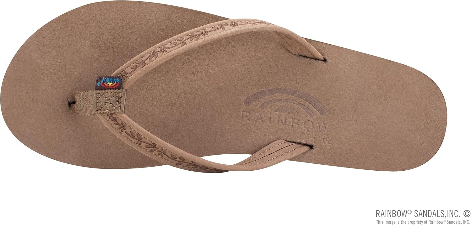 Rainbow Sandals Ladies Las Flores – Single Layer Premier Leather with a Floral 1/2″ Narrow Strap(Dark Brown)