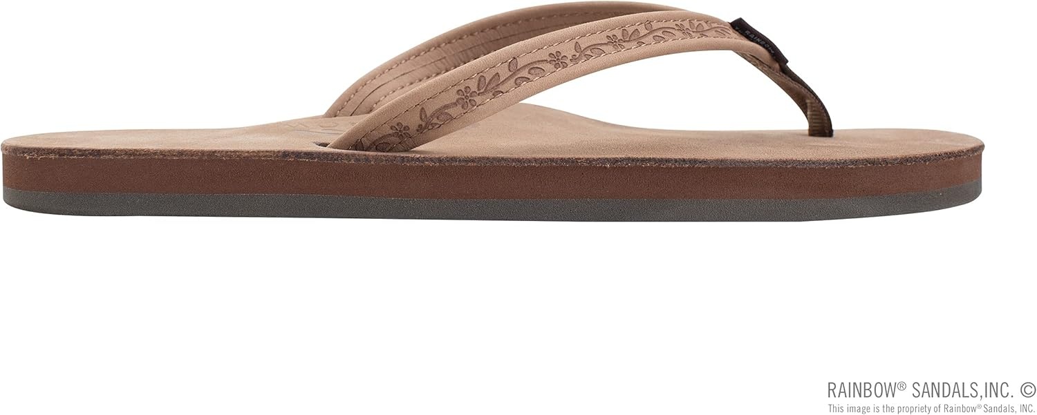 Rainbow Sandals Ladies Las Flores – Single Layer Premier Leather with a Floral 1/2″ Narrow Strap(Dark Brown)