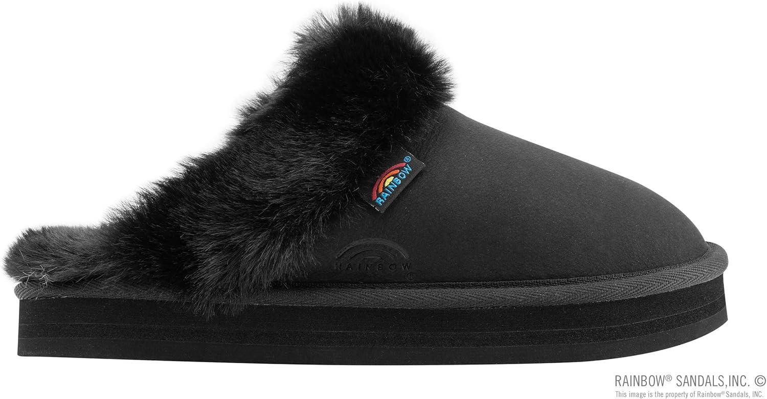 Rainbow Sandals Ladies Sunset Snugs – Premier Leather, Fleece Lined Slipper(Black)