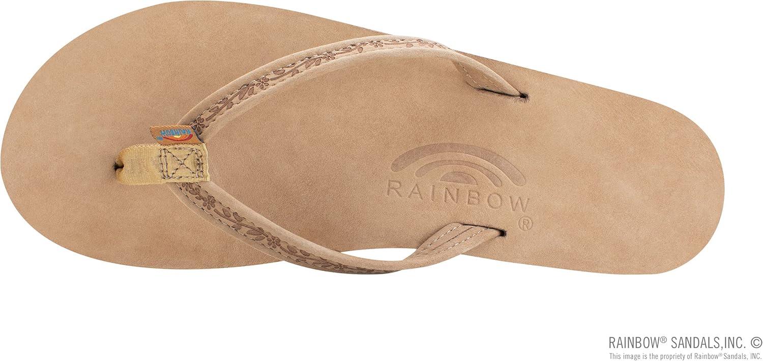 Rainbow Sandals Ladies Las Flores – Single Layer Premier Leather with a Floral 1/2″ Narrow Strap(Sierra Brown)