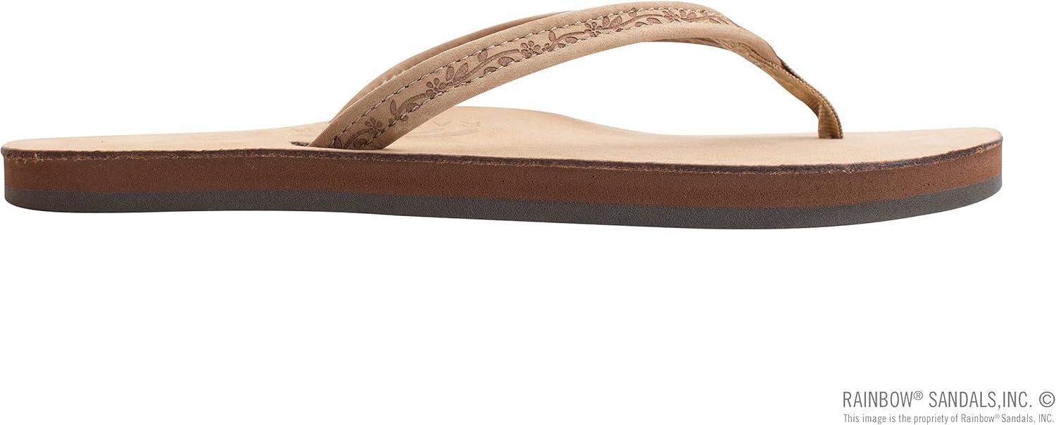 Rainbow Sandals Ladies Las Flores – Single Layer Premier Leather with a Floral 1/2″ Narrow Strap(Sierra Brown)