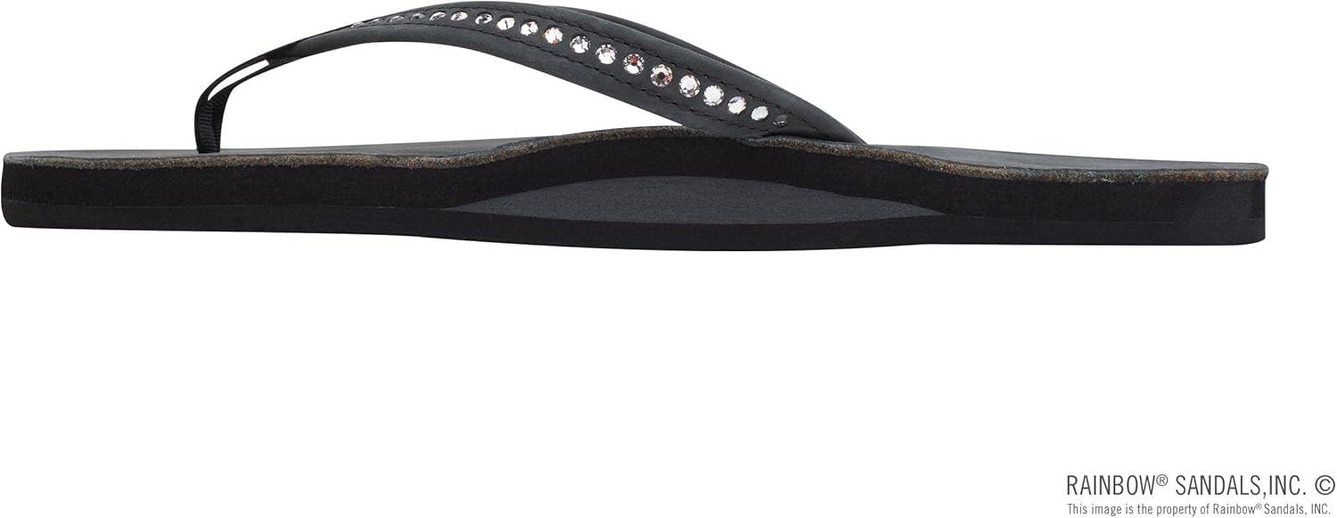Rainbow Sandals Women’s Single Layer Premier Leather w/Swarovski Crystal Narrow Strap(Black)