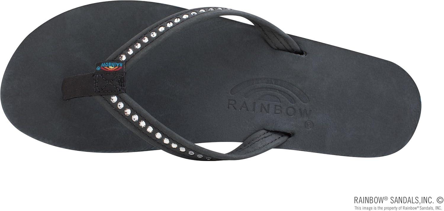 Rainbow Sandals Women’s Single Layer Premier Leather w/Swarovski Crystal Narrow Strap(Black)