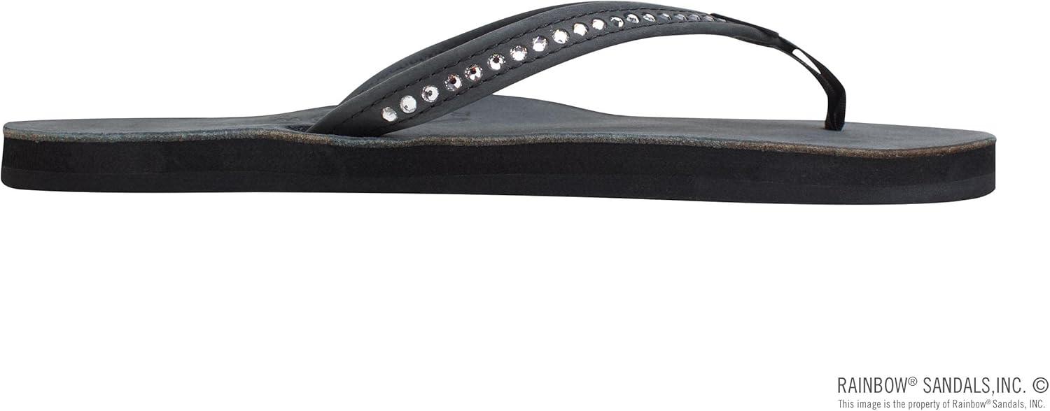 Rainbow Sandals Women’s Single Layer Premier Leather w/Swarovski Crystal Narrow Strap(Black)
