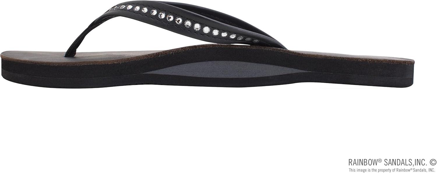 Rainbow Sandals Women’s Single Layer Premier Leather w/Swarovski Crystal Narrow Strap(Classic Black)