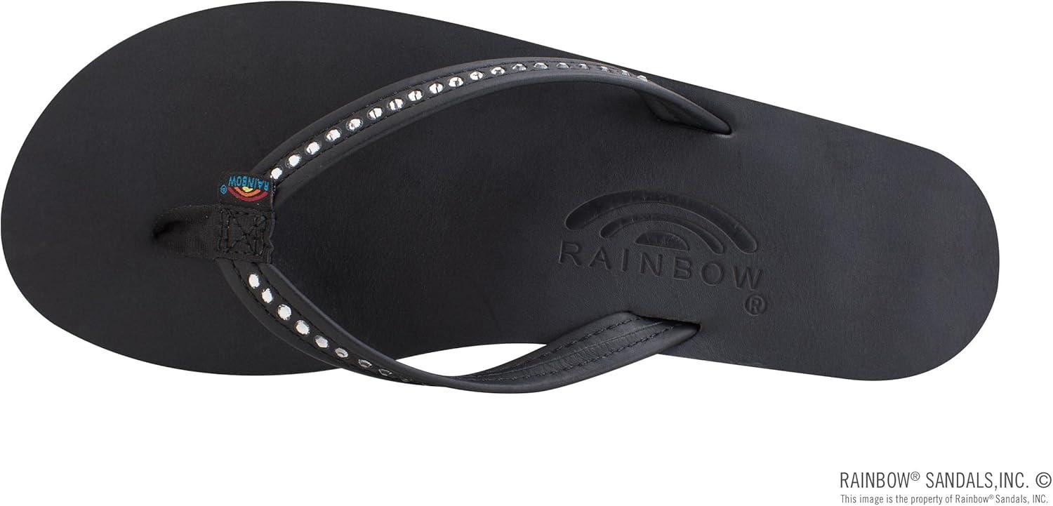Rainbow Sandals Women’s Single Layer Premier Leather w/Swarovski Crystal Narrow Strap(Classic Black)