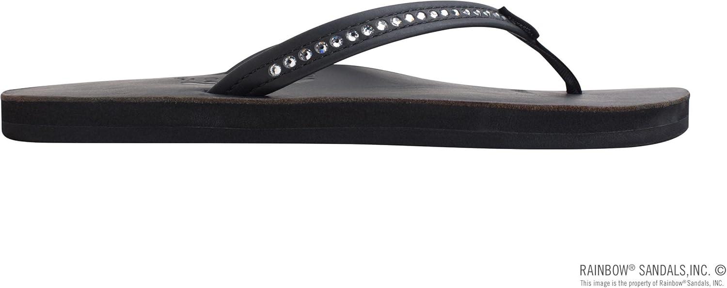 Rainbow Sandals Women’s Single Layer Premier Leather w/Swarovski Crystal Narrow Strap(Classic Black)