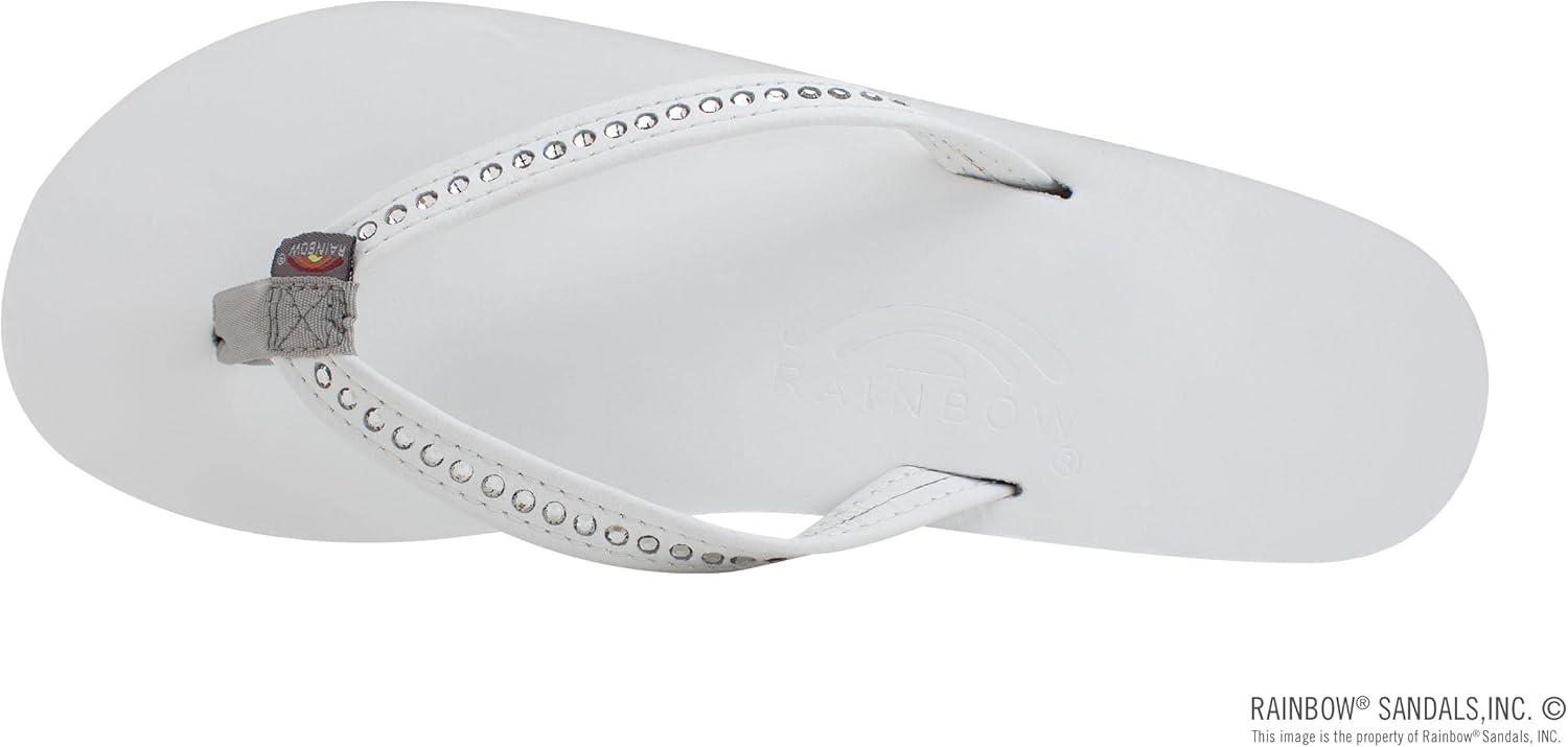 Rainbow Sandals Women’s Single Layer Premier Leather w/Swarovski Crystal Narrow Strap(White)