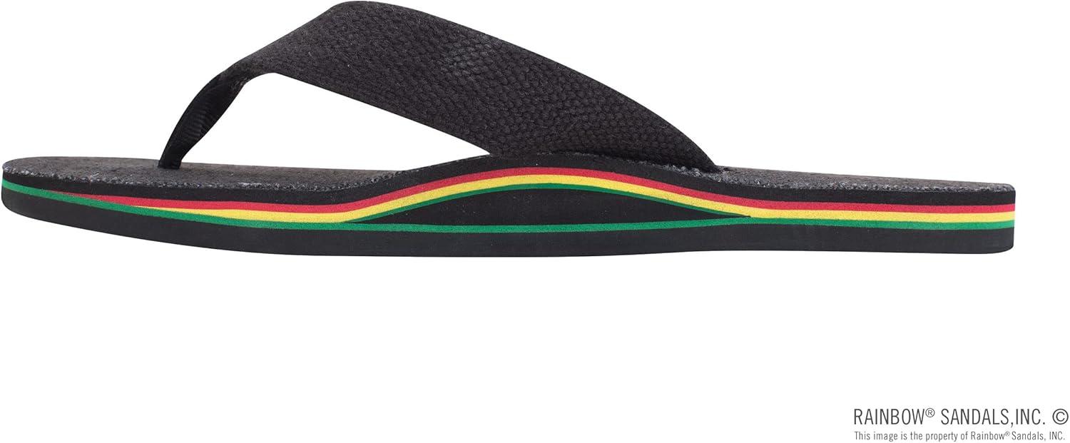 Rainbow Sandals Women’s Single Layer Hemp, Black w/Rasta Mid Sole, Ladies, Medium 6.5-7.5 D(M) US