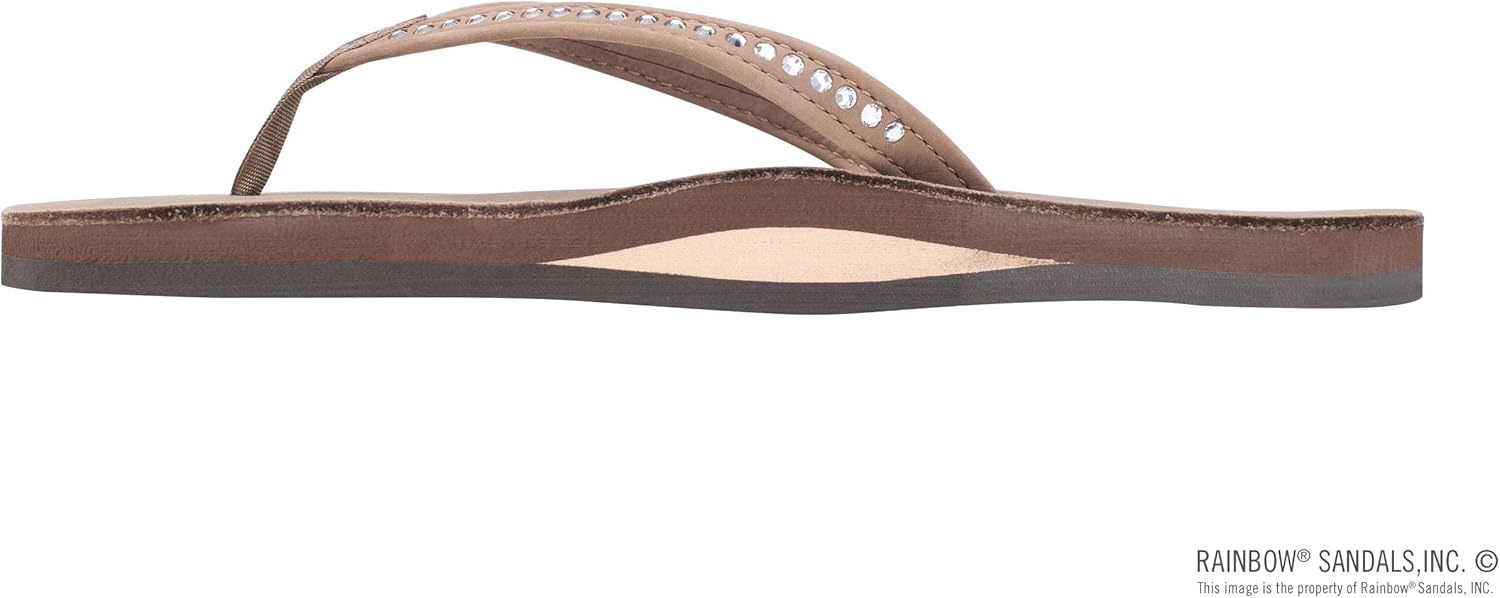 Rainbow Sandals Women’s Single Layer Premier Leather w/Swarovski Crystal Narrow Strap(Dark Brown)
