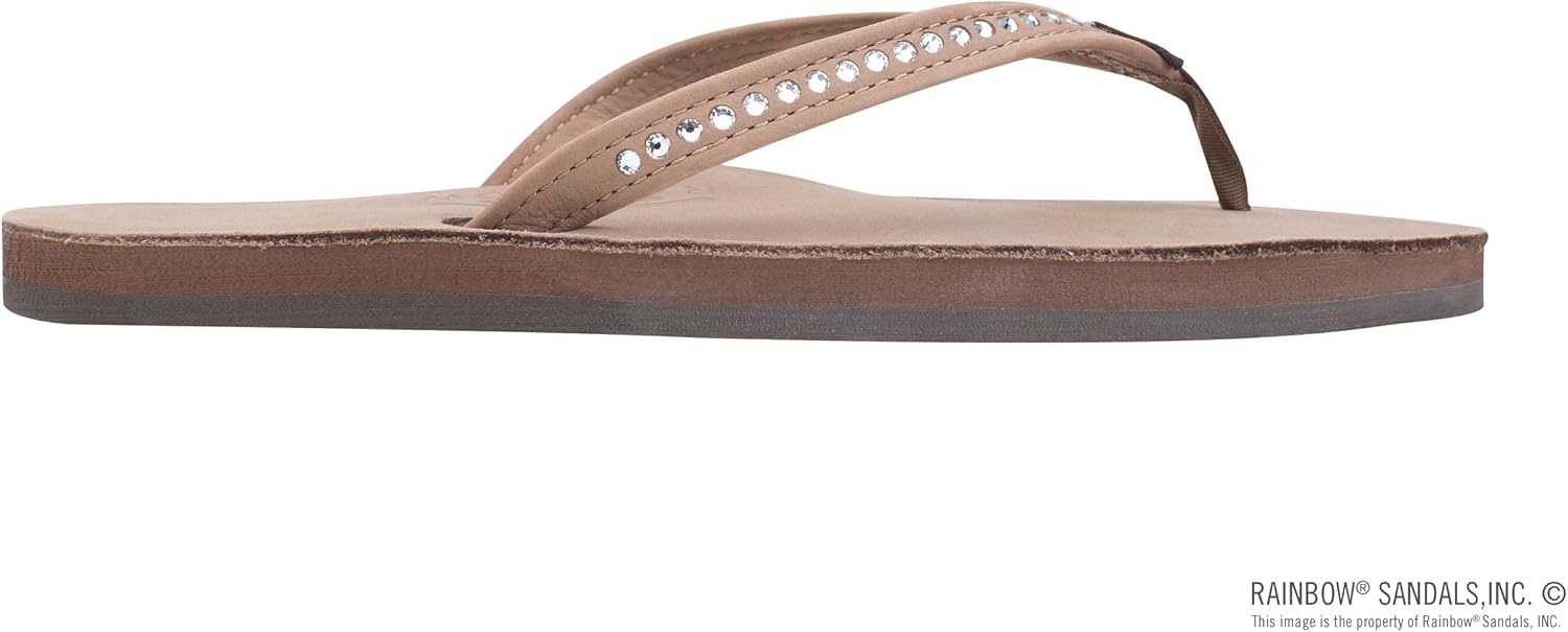 Rainbow Sandals Women’s Single Layer Premier Leather w/Swarovski Crystal Narrow Strap(Dark Brown)