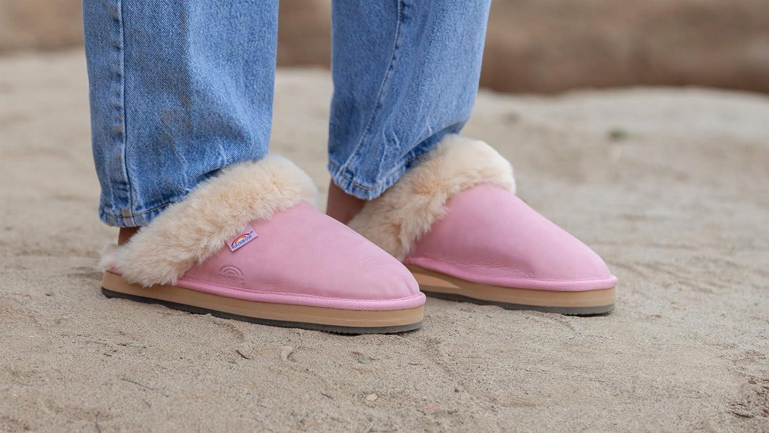 Rainbow Sandals Ladies Sunset Snugs – Premier Leather, Fleece Lined Slipper(Pink/Cream)