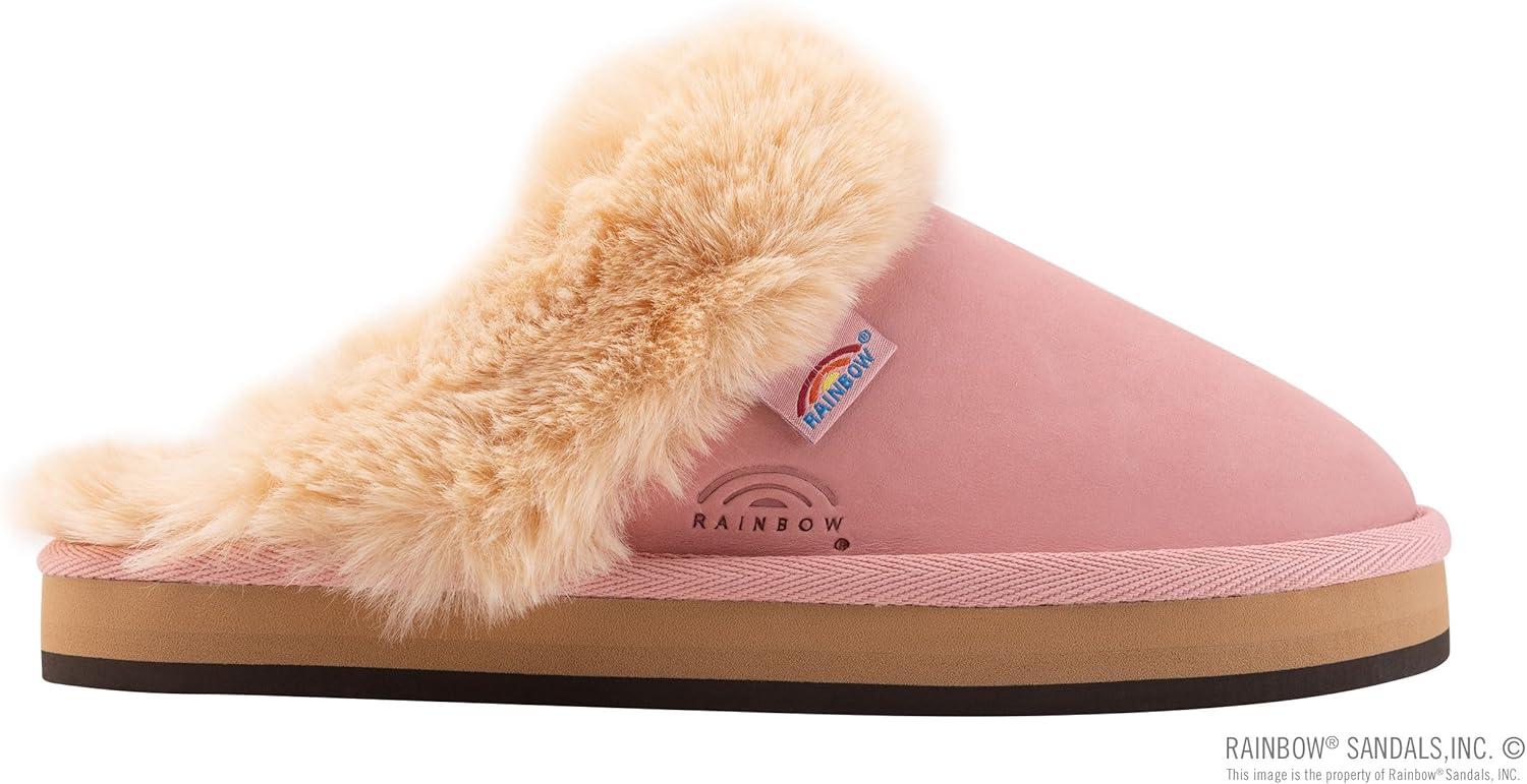 Rainbow Sandals Ladies Sunset Snugs – Premier Leather, Fleece Lined Slipper(Pink/Cream)