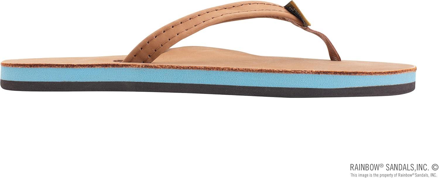 Rainbow Sandals Women’s Single Layer Leather Sandal Narrow Strap(Tan/Blue)