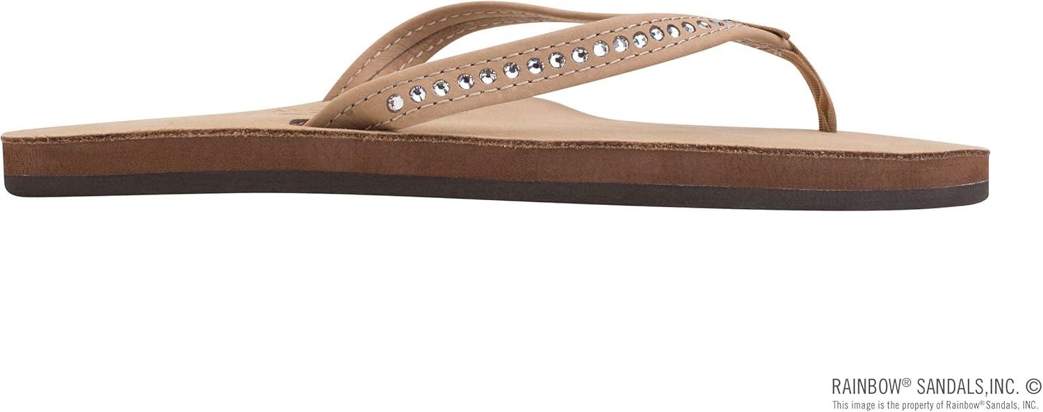 Rainbow Sandals Women’s Single Layer Premier Leather w/Swarovski Crystal Narrow Strap(Sierra Brown)
