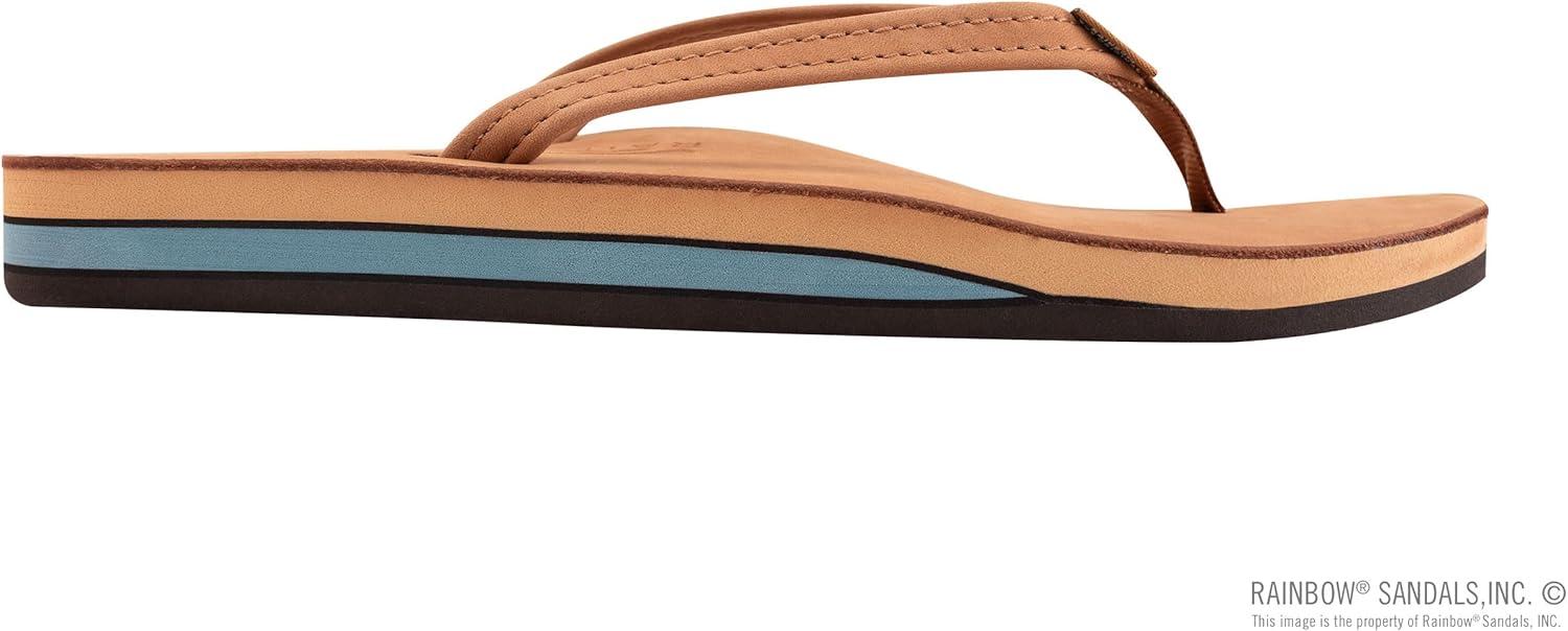 Rainbow Sandals Women’s Double Layer, Narrow Strap, Leather Sandals w/Arch(Premier Tan/Blue)