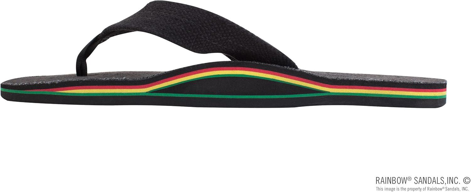 Rainbow Sandals Hemp Rasta – Single Layer Black Hemp with Rastafarian Colorded Mid Sole, Mens, Large 9.5-10.5 D(M) US