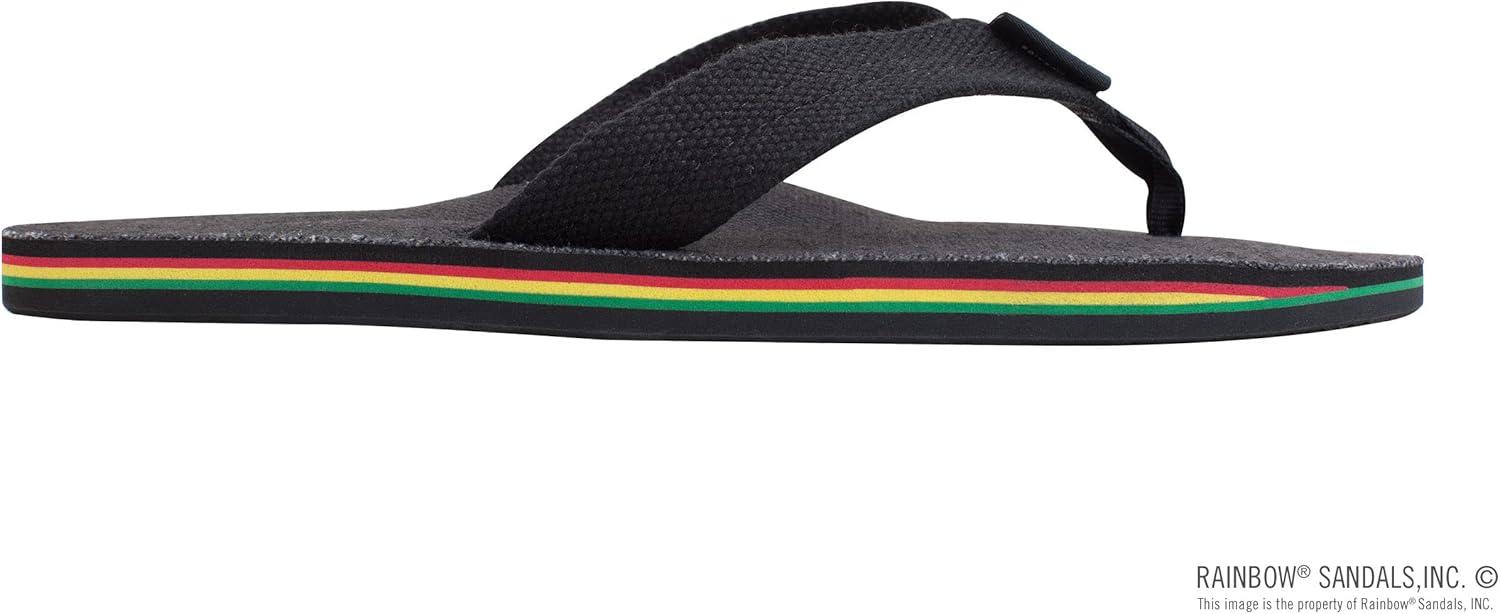 Rainbow Sandals Hemp Rasta – Single Layer Black Hemp with Rastafarian Colorded Mid Sole, Mens, Large 9.5-10.5 D(M) US